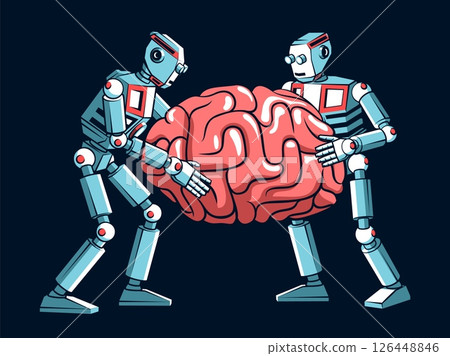 Two Robots Holding Brain - Artificial Intelligence and Machine Learning Concept Vector Two Robots Holding Brain - Artificial Intelligence and Machine Learning Concept Vector 126448846