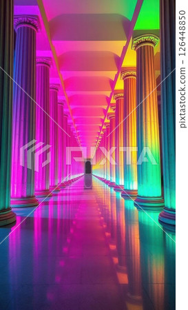 A long corridor with columns. Two rows of tall columns form a long corridor at the end of which there is an arched opening. Colourful lighting highlights the architectural sophistication. AI generated 126448850