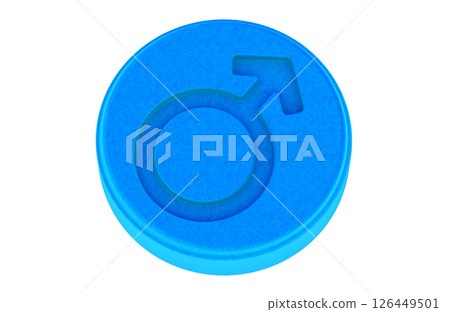 Blue Pill with Male Gender Symbol. Male health, potency, testosterone, or erectile dysfunction treatment. 3D rendering 126449501