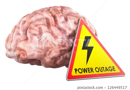 Power Outage in the Brain, concept. Human brain with triangular warning sign labeled POWER OUTAGE. 3D rendering 126449517