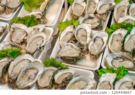 oysters raw  open sashes, in street market in Thailand, selective focus 126449667