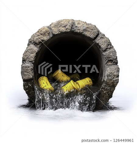 Water Flowing from Stone Drain with Yellow Plastic Containers Inside the Tunnel 126449961