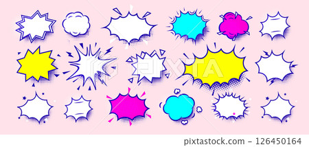 Blank comic speech bubbles in retro pop art style. Colorful cartoon shapes for text, jokes, emotions, design elements in comics, memes, stickers. Vector illustration. Blank comic speech bubbles in retro pop art style. Colorful cartoon shapes for text, jokes, emotions, design elements in comics, memes, stickers. Vector illustration. 126450164