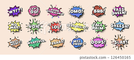 Comic speech bubbles with modern slang words and pop art style. Funny colorful retro expressions for memes, messages, emoji reactions, design stickers. Vector illustration. 126450165