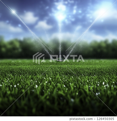 Lawn Sprinkler System Watering Grass in Bright Sunny Day with Blue Sky Background 126450305