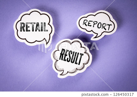 Retail Report and Result Words Inside Speech Bubbles on Purple Background 126450317