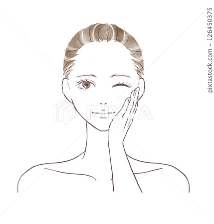 一位女士用一隻手托著臉頰微笑並眨眼的水彩插圖 126450375