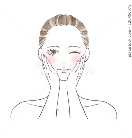水彩畫中，一位女士眨眨眼睛微笑，雙手放在紅潤的臉頰上 126450378