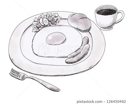 Hand-drawn fried egg and salad breakfast 126450492