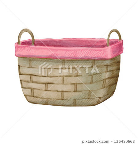 Wicker storage basket on a white background. Watercolor illustration of a rustic basket. For sewing accessories. The topic of ecology. Suitable for needlework, stickers, atelier and lifestyle content. Wicker storage basket on a white background. Watercolor illustration of a rustic basket. For sewing accessories. The topic of ecology. Suitable for needlework, stickers, atelier and lifestyle content. 126450668