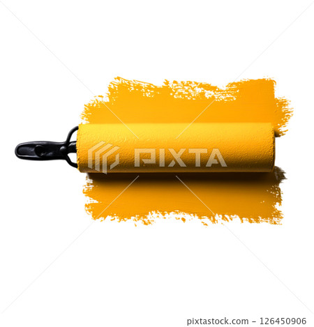Bright Yellow Paint Roller on Freshly Applied Yellow Paint Stroke on Surface 126450906