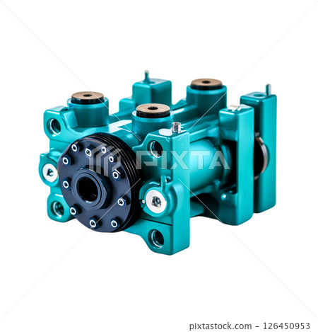 Detailed Close-Up of Blue and Black Hydraulic Pump for Industrial Applications 126450953