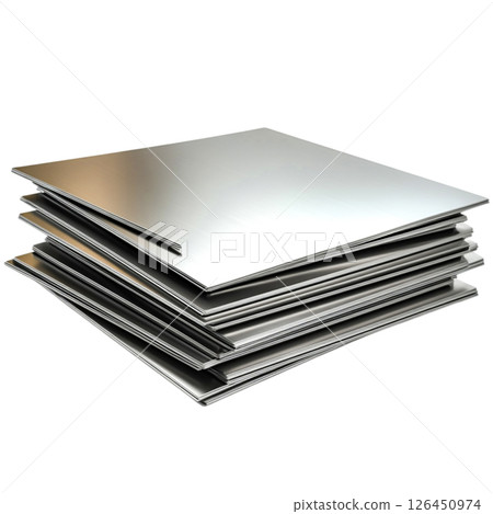 Stack of shiny metal sheets with reflective surface in studio setting for industrial use Stack of shiny metal sheets with reflective surface in studio setting for industrial use 126450974