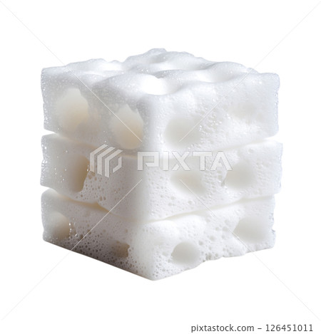 Close-Up of Soap Sponges with Bubbles Stacked in a Clean, Minimalist Environment Close-Up of Soap Sponges with Bubbles Stacked in a Clean, Minimalist Environment 126451011