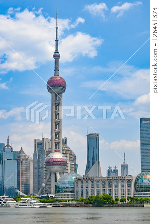 View of the Oriental Pearl and Lujiazui from the Bund in Shanghai 126451373
