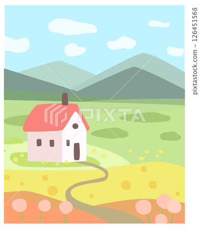 Bright cheerful flat vector illustration of countryside landscape with small house mountain background meadow flowers. Minimalist cartoon style perfect for childrens books, posters, greeting cards. Bright cheerful flat vector illustration of countryside landscape with small house mountain background meadow flowers. Minimalist cartoon style perfect for childrens books, posters, greeting cards. 126451568