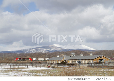 Muroran Main Line Freight DF200 running through a thoroughbred ranch with Mount Tarumae in the background Muroran Main Line Freight DF200 running through a thoroughbred ranch with Mount Tarumae in the background 126451609