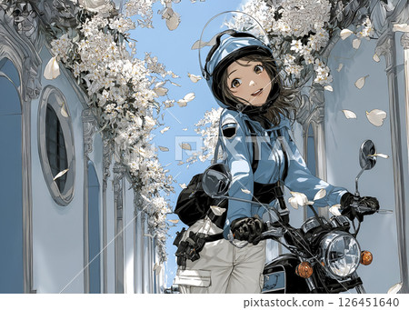 騎著巡洋艦自行車來城市賞櫻花的女騎士的插畫素材 126451640