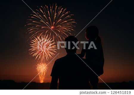 家長和孩子一起觀看煙火 家長和孩子一起觀看煙火 126451819