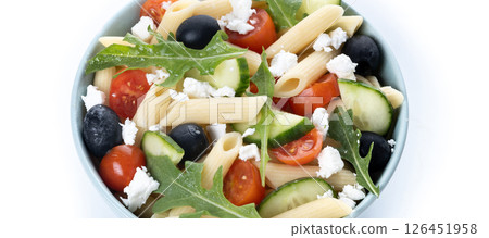 Mediterranean Pasta Salad in bowl with Fresh Vegetables and Herbs isolated on white background 126451958