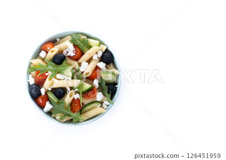 Mediterranean Pasta Salad in bowl with Fresh Vegetables and Herbs isolated on white background 126451959