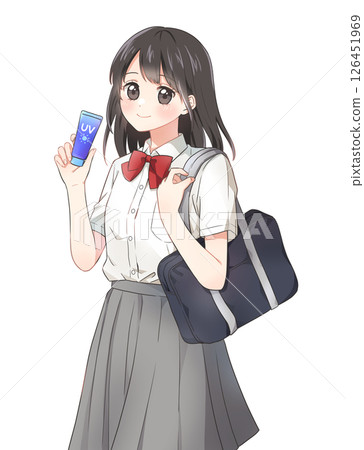 A female student in summer clothes holding sunscreen 126451969