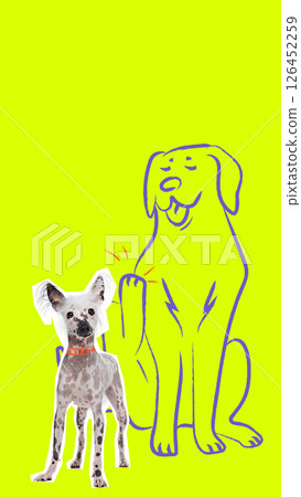 Dog stands beside cheerful sketch raising paw as if greeting on yellow backdrop. Bold colorful poster with hand made drawing. Dog stands beside cheerful sketch raising paw as if greeting on yellow backdrop. Bold colorful poster with hand made drawing. 126452259