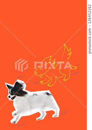 Dog runs joyfully with drawn version playfully chasing on red background. Bold colorful poster with hand made drawing. 126452262