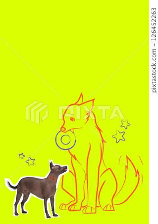 Purebred dog stands in front of sketched canine holding ring toy on vibrant yellow backdrop. Bold colorful poster with hand made drawing. 126452263