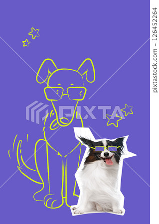 Dog wearing glasses beside drawn version on purple background. Digital art collage. Bold colorful poster with hand made drawing. 126452264