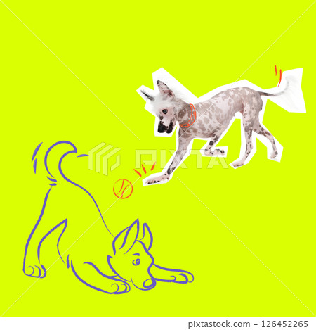 Dog jumps playfully toward drawn pup chasing ball on neon yellow background. Bold colorful poster with hand made drawing. 126452265