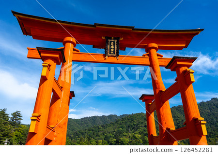 Close-up view of the famous Itsukushima shrine red torii gate in Miyajima, Japan Close-up view of the famous Itsukushima shrine red torii gate in Miyajima, Japan 126452281