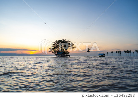 Small hut on Lake Tempe at sunset, Sulawesi, Indonesia 126452298