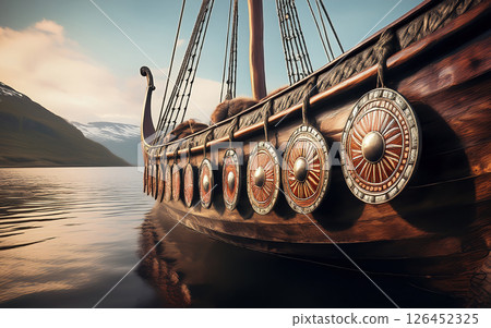 Generative AI Viking ship sails up River 126452325