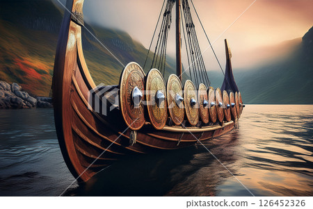 Generative AI Viking ship sails up River 126452326