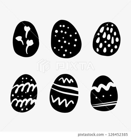 Hand-drawn doodle sketch set of six decorated Easter eggs. 126452385
