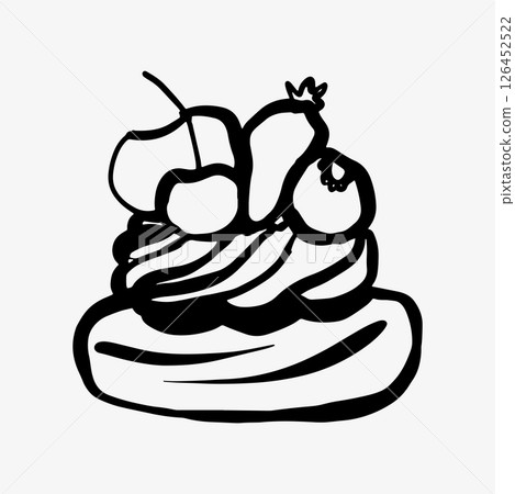 Hand-drawn doodle sketch of a fruit pastry in black and white. Hand-drawn doodle sketch of a fruit pastry in black and white. 126452522