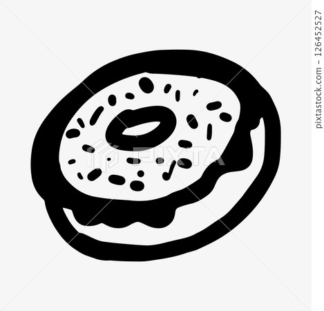 Hand-drawn doodle sketch of a round bun, donut, topped with glaze. 126452527
