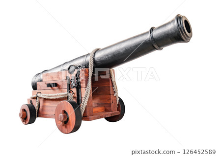 old cannon naval made of wood and iron isolated on white background with clipping path 126452589