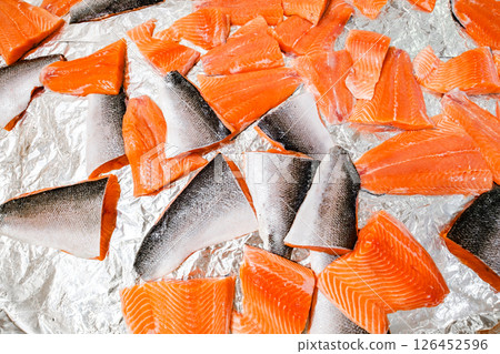 pieces of fresh chilled raw salmon in the supermarket pieces of fresh chilled raw salmon in the supermarket 126452596