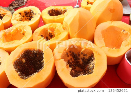 papaya cut peace with seed on shop papaya cut peace with seed on shop 126452651
