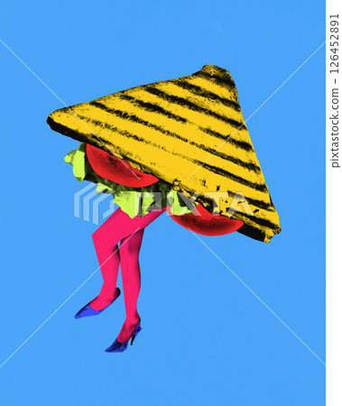 Surreal art design. Toasted sandwich stuffed with veggies and tomato replaces torso above high-heeled legs in motion, forming absurd, edible fashion. Surreal art design. Toasted sandwich stuffed with veggies and tomato replaces torso above high-heeled legs in motion, forming absurd, edible fashion. 126452891