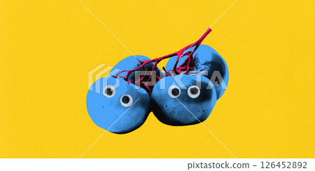 Contemporary art collage. Branch of tomatoes painted bright blue with cartoonish eyes stares against vivid yellow background, show playful twist on food identity Contemporary art collage. Branch of tomatoes painted bright blue with cartoonish eyes stares against vivid yellow background, show playful twist on food identity 126452892