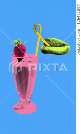 Contemporary art collage. Green lips drink from yellow straw stuck in pink milkshake topped with strawberry, forming surreal detox. 126452897