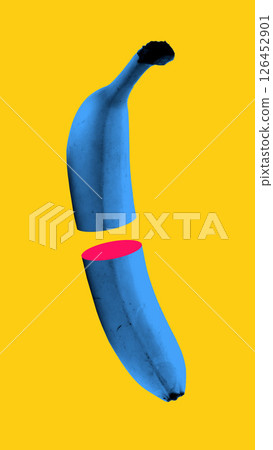 Abstract art collage. Floating blue banana split in mid-air with harsh pink slice evokes disruption of natural form through artificial absurdity. 126452901