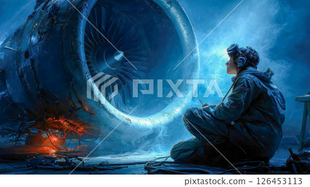 Aircraft mechanic examining a jet engine in a glowing blue-lit hangar, highlighting precision and dedication 126453113