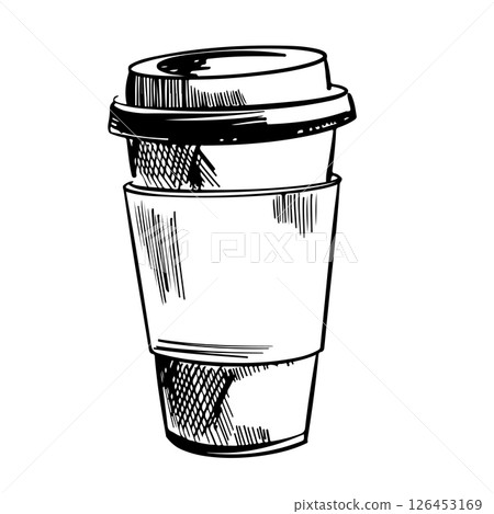 Paper coffee cup. Aromatic hot coffee. Coffee to go. Doodle. Vector illustration. Hand drawn. Outline. Paper coffee cup. Aromatic hot coffee. Coffee to go. Doodle. Vector illustration. Hand drawn. Outline. 126453169