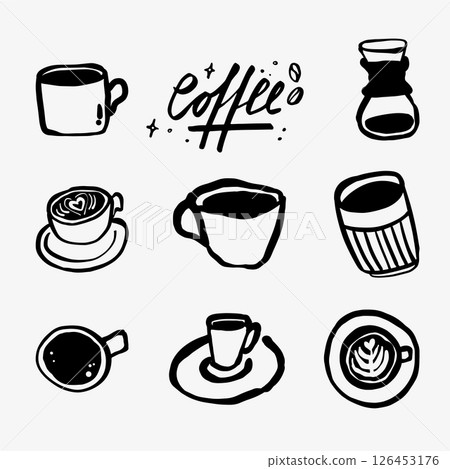 Hand-drawn doodle sketch set of coffee, cups, and various brewing methods. 126453176