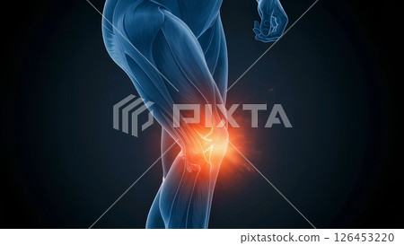 Medical illustration of knee pain and muscle tension. 3D CG footage showing the muscle structure of the human body highlighting inflammation and injury Medical illustration of knee pain and muscle tension. 3D CG footage showing the muscle structure of the human body highlighting inflammation and injury 126453220
