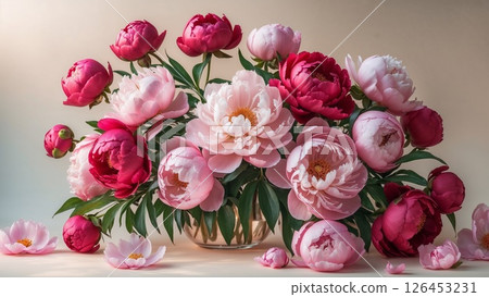 Colorful bouquet of peonies in a glass vase floral arrangement 126453231